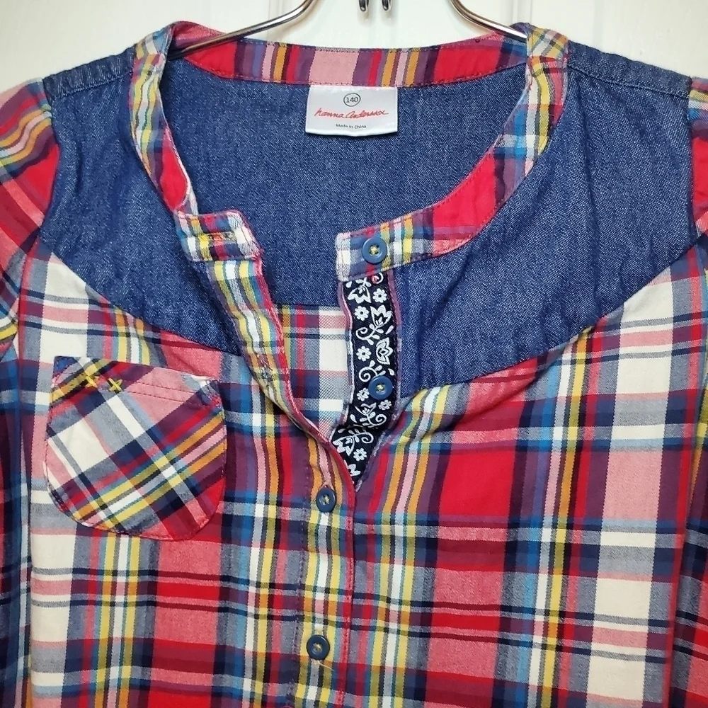 Hanna Andersson Christmas Plaid & Denim Long Sleeved Dress Size 140/US Girl's 10